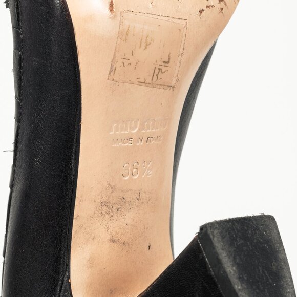 Miu Miu Black Leather Fringe-Trim Studded Bow Heels - Picture 5 of 8